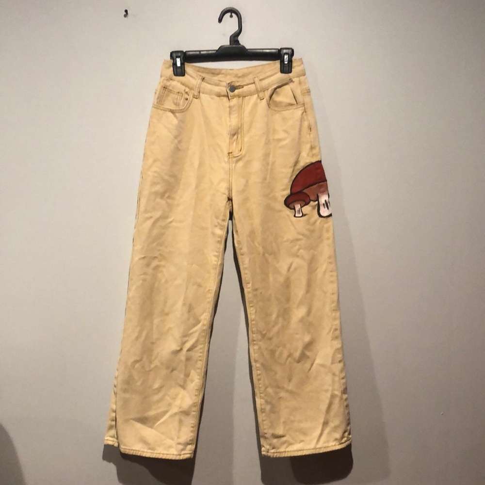 Hand Painted Mushroom Design SHEIN Tan Jeans